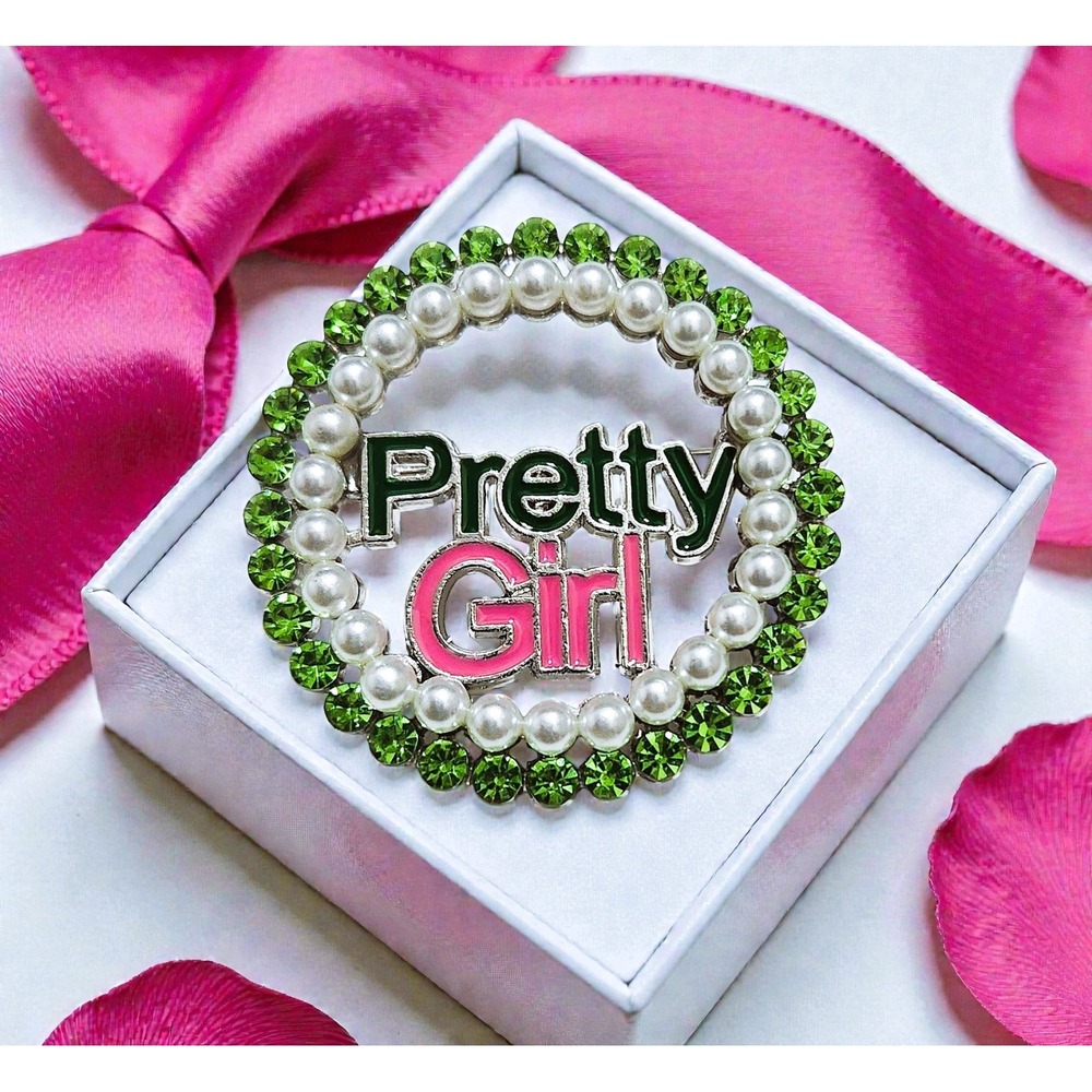 AKA Pretty Girl Brooch Green Rhinestone White Pearl Pink Enamel Sorority Pin‎
